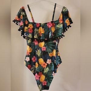 Tropical & Fruit Pom-Pom Flounce One Piece Swimsuit (Large)